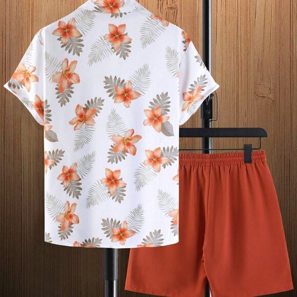Orange And White Sumer Mens Tropical Print Shirt & Drawstring Waist Shorts - Picture 2 of 4